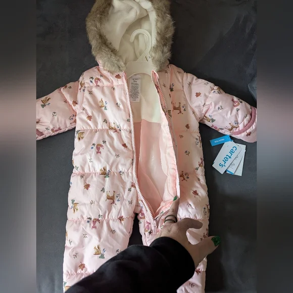 Carter's Pink Baby Snowsuit with Animal Print 6M - Picture 2 of 6